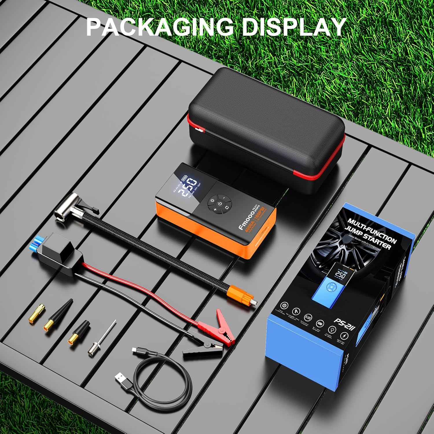 Portable Car Jump Starter with Air Compressor, 4000A 180PSI Car Battery Jump Starter Battery Pack (10L Gas/8L Diesel), 12V Car Jump Box Car Battery Jumper Starter, Large LCD Display,2 Lights (Orange)