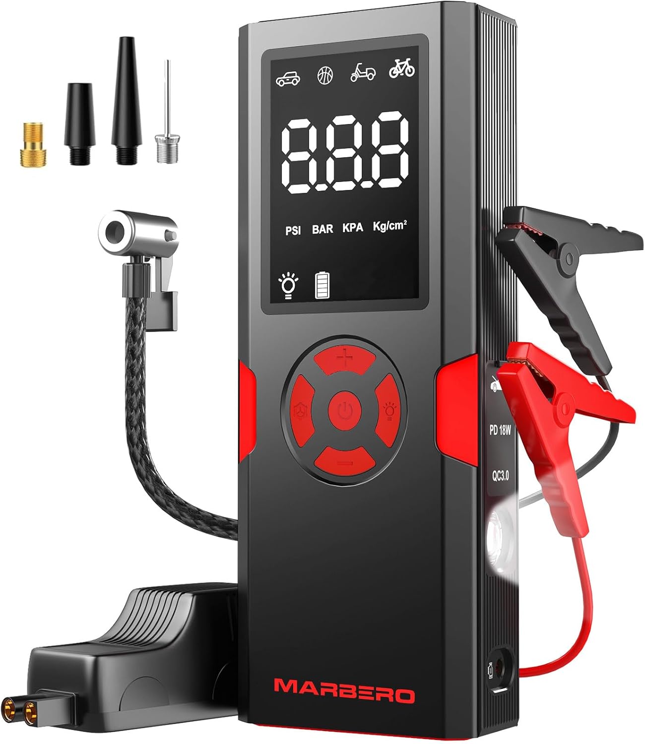 Portable Car Jump Starter with Air Compressor 4500A 12V MARBERO Portable Car Battery Booster Pack 10L Gas/8L Diesel 150PSI Auto Off Tire Inflator Jump Box with Digital Screen, Flashlight(Red)