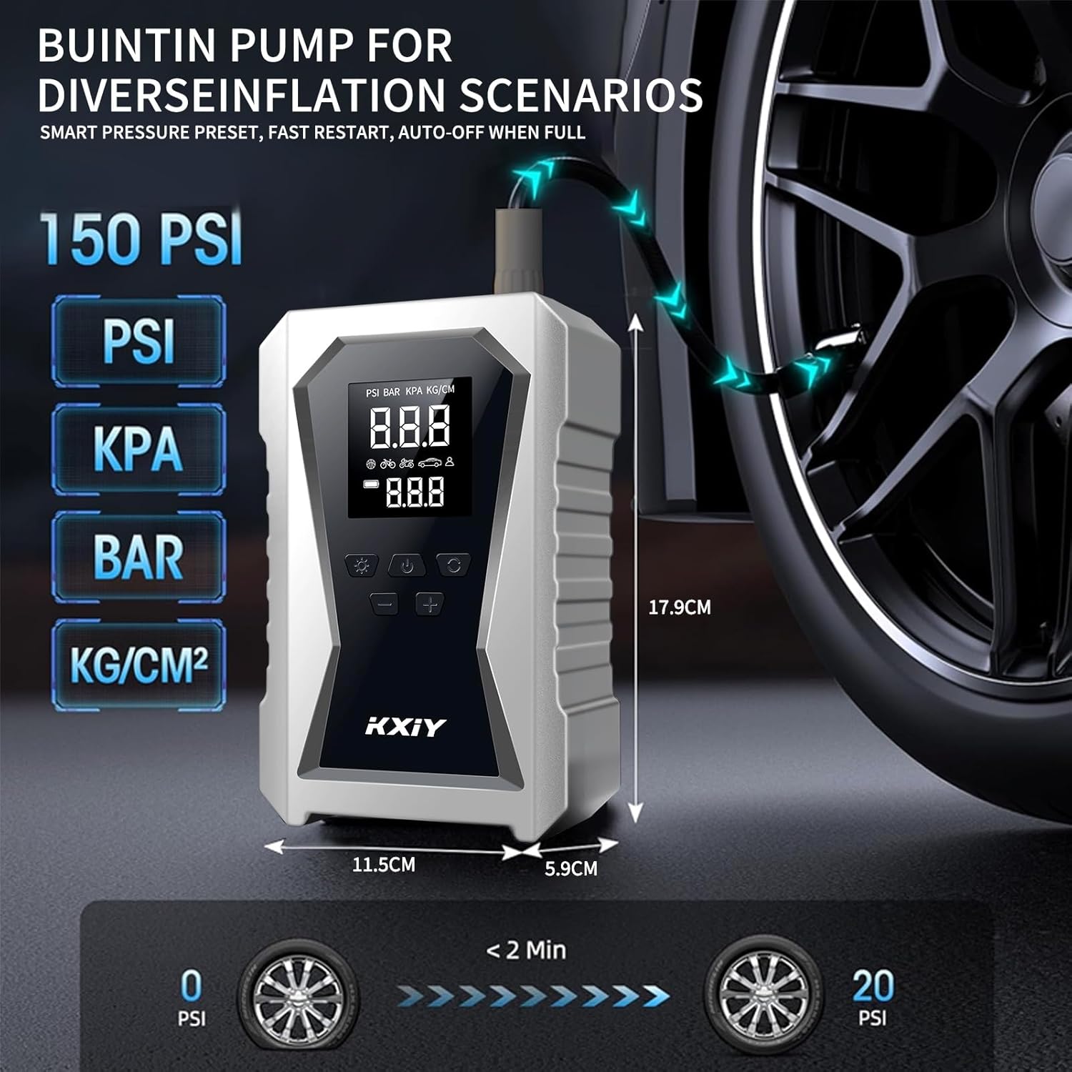 Portable Car Jump Starter with Air Compressor, 8000mAh 12V Battery Booster Pack for Cars, Trucks, and Motorcycles, 150PSI Tire Inflator with LED Flashlight, Compact and Safe Jump Box - DM10