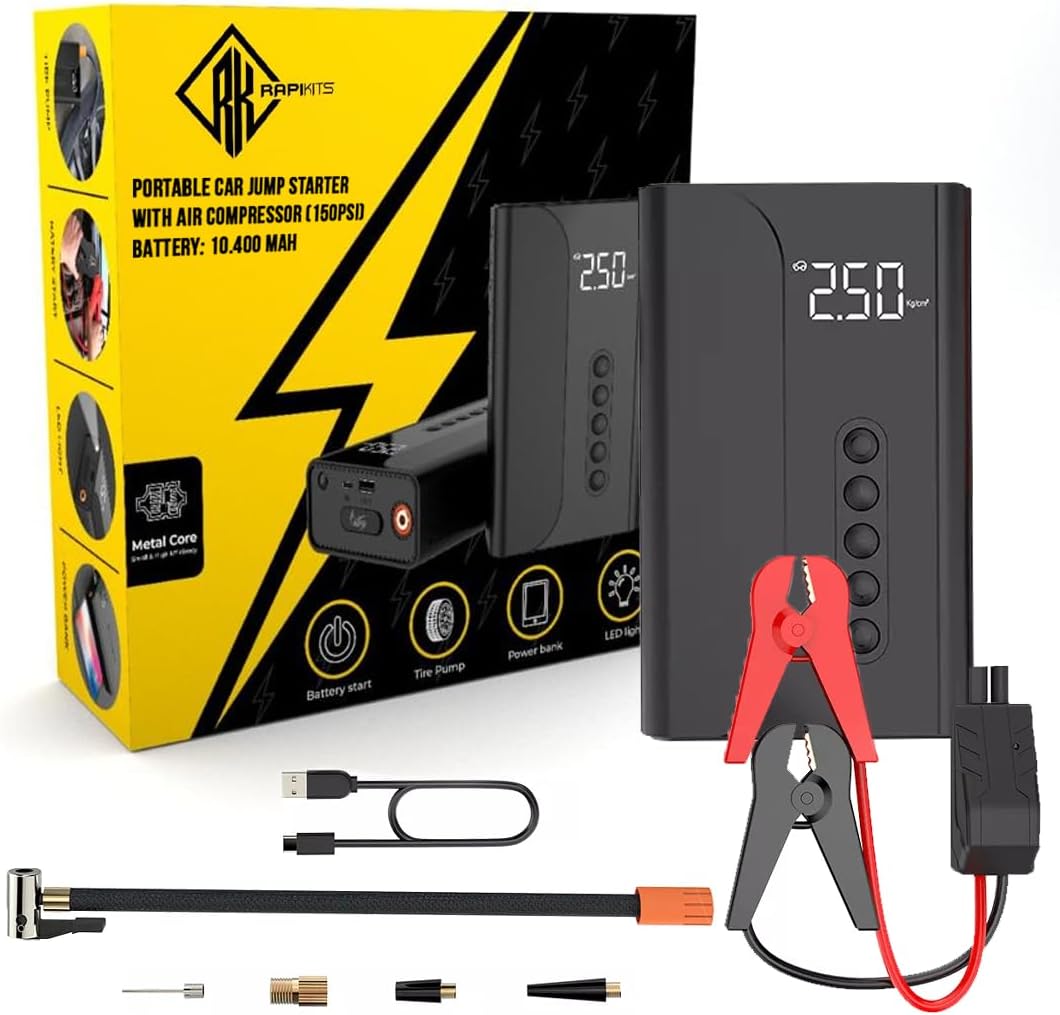 Portable Car Jump Starter with Air Compressor, RAPIKITS 150PSI 1000A Car Battery Jump Starter (6.0 Gas/3.0L Diesel), 12V Jump Box Car Battery Jumper Starter with LCD Display, Lights, Power Bank