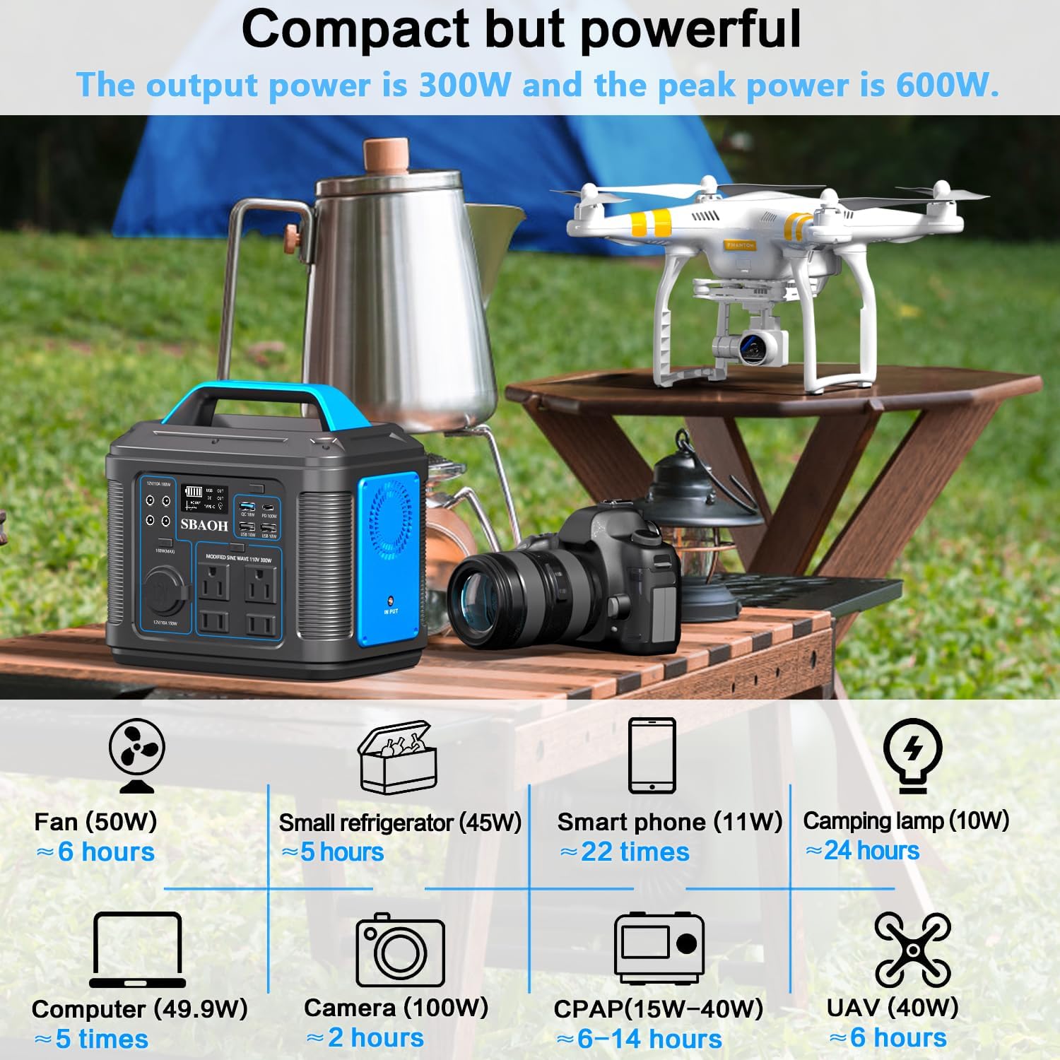 Portable Power Station, 300W 296Wh Solar Generator Quick Charge / 110V AC Outlets/DC Ports and LED Flashlight, Lithium Battery Backup for Home Outdoor Travel Camping Blackout blue