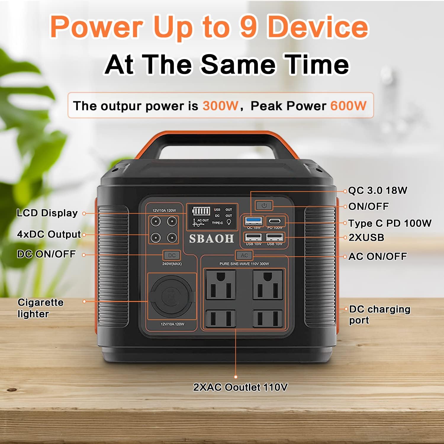 Portable Power Station, 300W 296Wh Solar Generator Quick Charge / 110V AC Outlets/DC Ports and LED Flashlight, Lithium Battery Backup for Home Outdoor Travel Camping Blackout blue