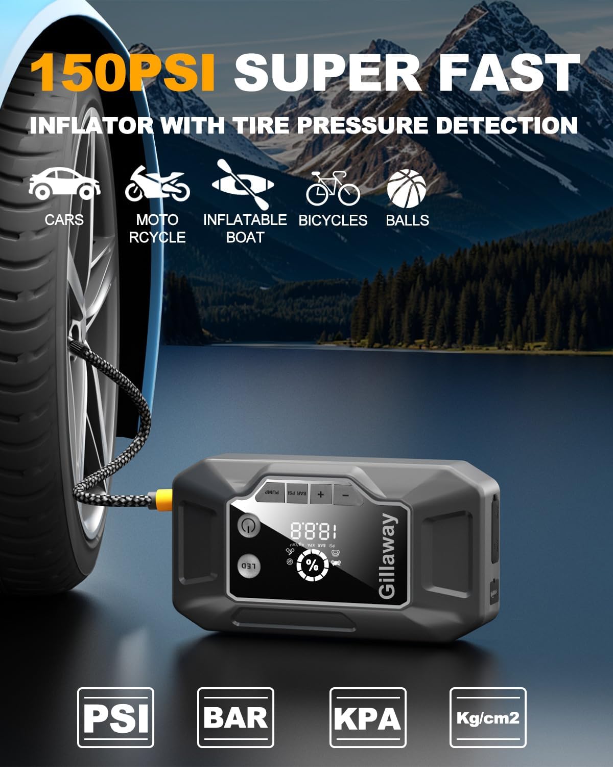 Q11 4500A Car Jump Starter with Air Compressor Combo 150PSI, Portable Car Battery Jump Starter Battery Pack (10L Gas/8.0L Diesel), Car Battery QC 3.0 Charger Power Bank Jump Starter Tire Inflator