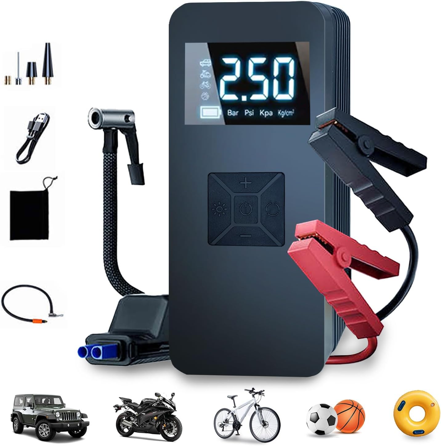 Tire Inflator Portable Air Compressor with Digitally Display Pressure Gauge 20000mA, Car Air Compressor Pump with Jump Starter 150PSI, 14.8 V Car Battery Jump Starter Portable