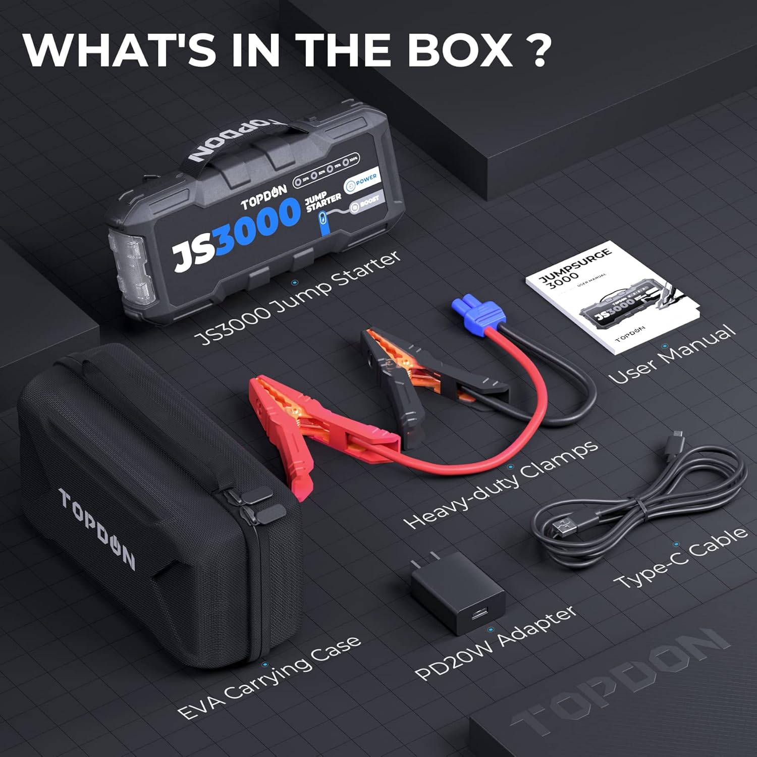 TOPDON 1500A Car Battery Jump Starter, Portable 12V Car Starter, JS1500 Lithium Battery Booster (Up to 6.5L Gas, 4.0L Diesel) with Smart Clamp Cables, USB Quick Charge, LED Flashlight
