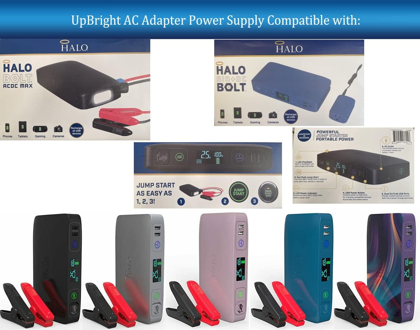 UpBright Car 12V DC Adapter Compatible with Halo Bolt Air 58830mWh Halo Bolt Air+DC 55500mWh 11.1V Portable Power Jump Starter 58830 55500 mWh ACDC MAX Auto RV Lighter Plug Supply Cord Battery Charger