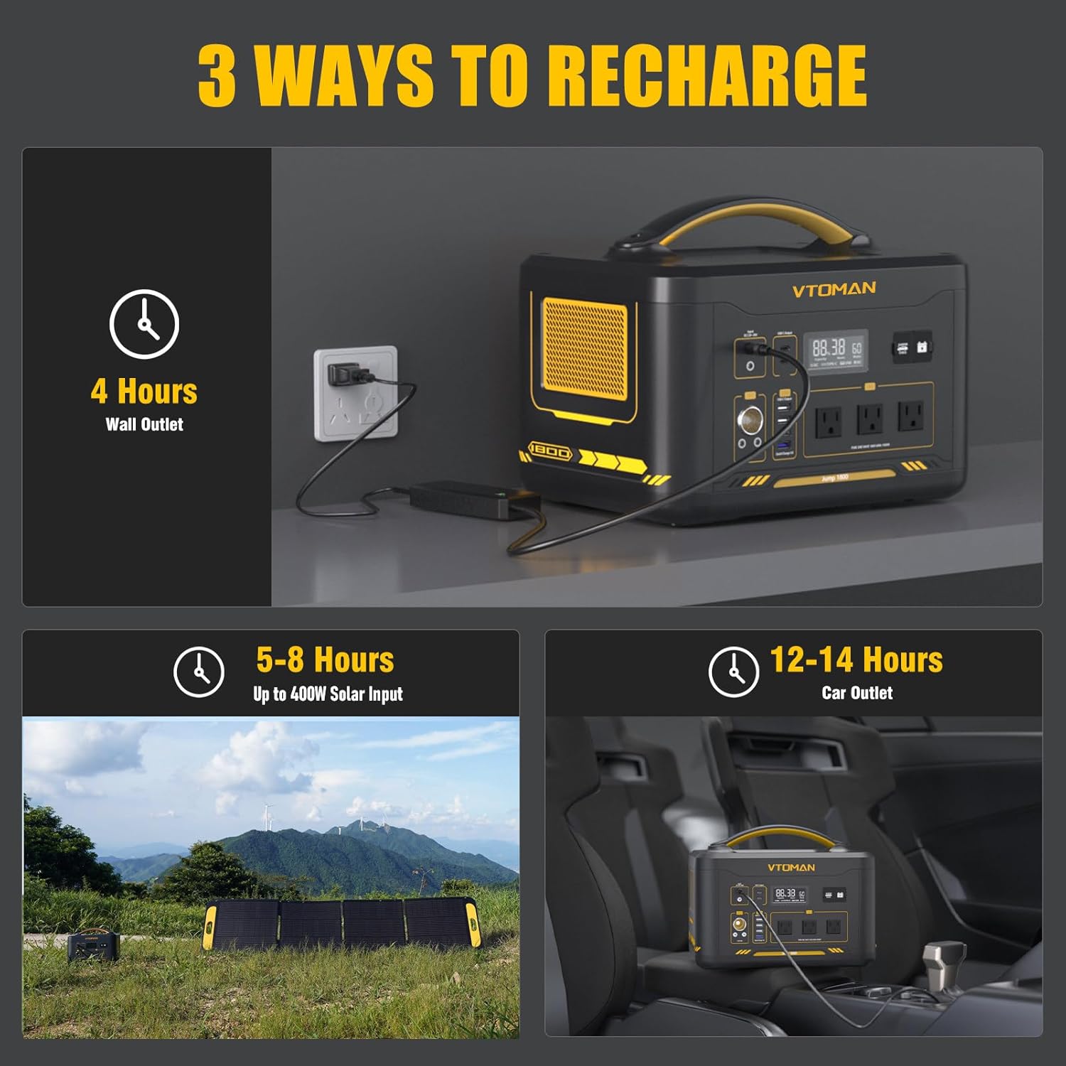 VTOMAN 600W Portable Power Station, LFP Battery Powered Generator with 2x 600W AC Outlets (Surge 1200W), 4x USB ports, 3x DC Output for Outdoor Camping, Vehicle Emergency, Electric Backup