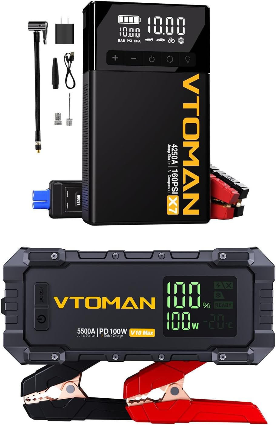 VTOMAN V10 Max 5500A Jump Starter 100W Two-Way Fast-Charging+X7 Jump Starter with Air Compressor