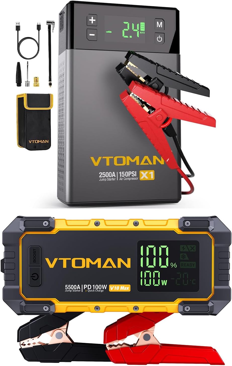 VTOMAN X1 Jump Starter with Air Compressor+V10 Max 5500A Jump Starter 100W Two-Way Fast-Charging