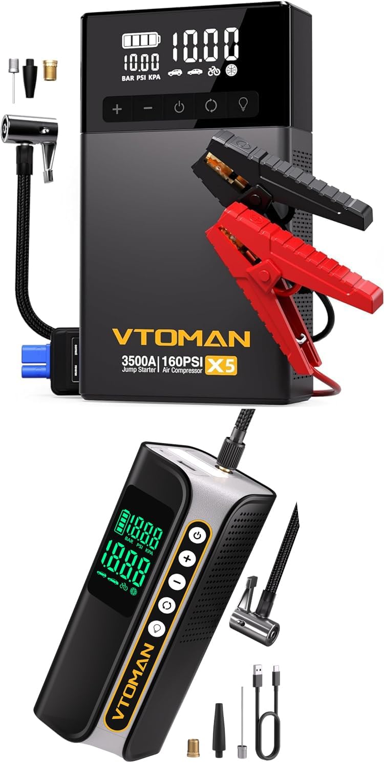 VTOMAN X5 Jump Starter with Air Compressor, 3500A Portable Car Battery Booster (Up to 9L Gas/8L Diesel Engines) with 160PSI Digital Tire Inflator, VTOMAN X6 Pro Tire Inflator