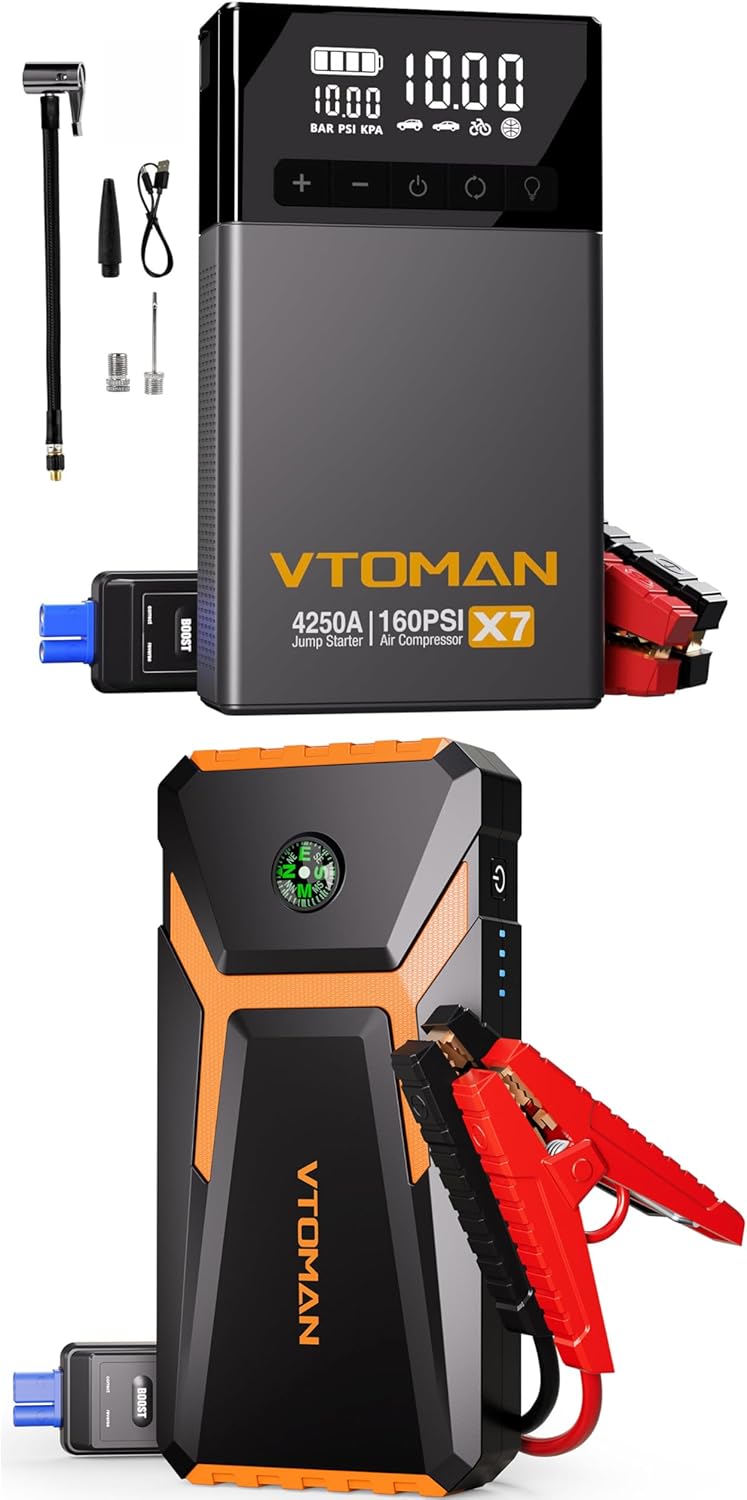 VTOMAN X7 Jump Starter with Air Compressor Gray and VTOMAN V6 Pro 2000A Jump Starter Orange