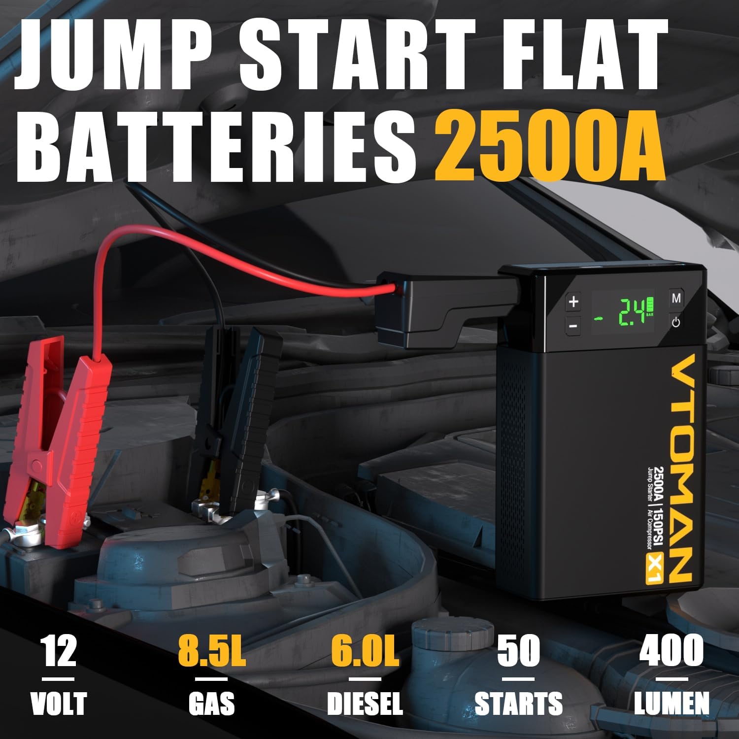 VTOMAN X7+X1 Jump Starter with Air Compressor, 4250A Portable Battery Booster(Up to 10L Gas/10L Diesel Engines) with 160PSI Digital Auto Tire Inflator