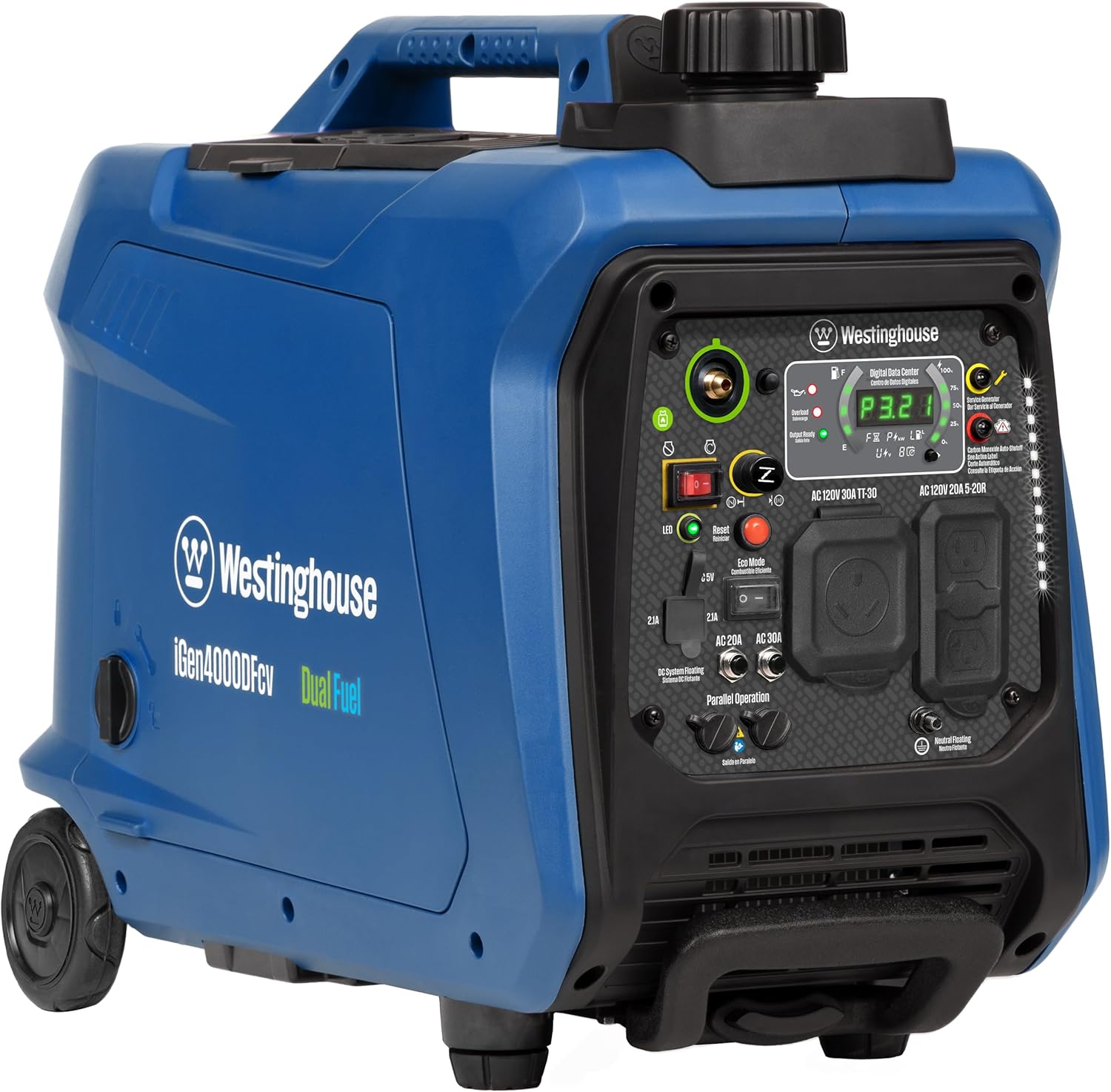 Westinghouse Outdoor Power Equipment 4000 Peak Watt Super Quiet Dual Fuel Portable Inverter Generator, Remote Electric Start, Gas  Propane Powered, RV Ready, CO Sensor, Parallel Capable