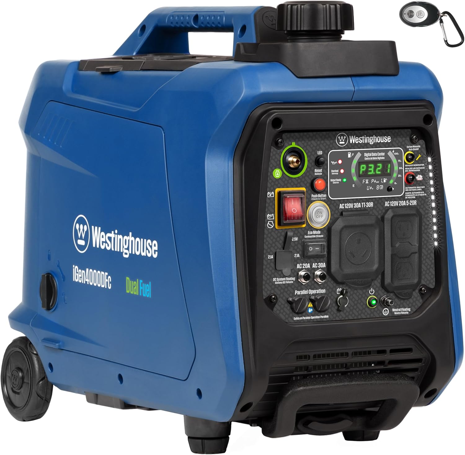 Westinghouse Outdoor Power Equipment 4000 Peak Watt Super Quiet Dual Fuel Portable Inverter Generator, Remote Electric Start, Gas  Propane Powered, RV Ready, CO Sensor, Parallel Capable