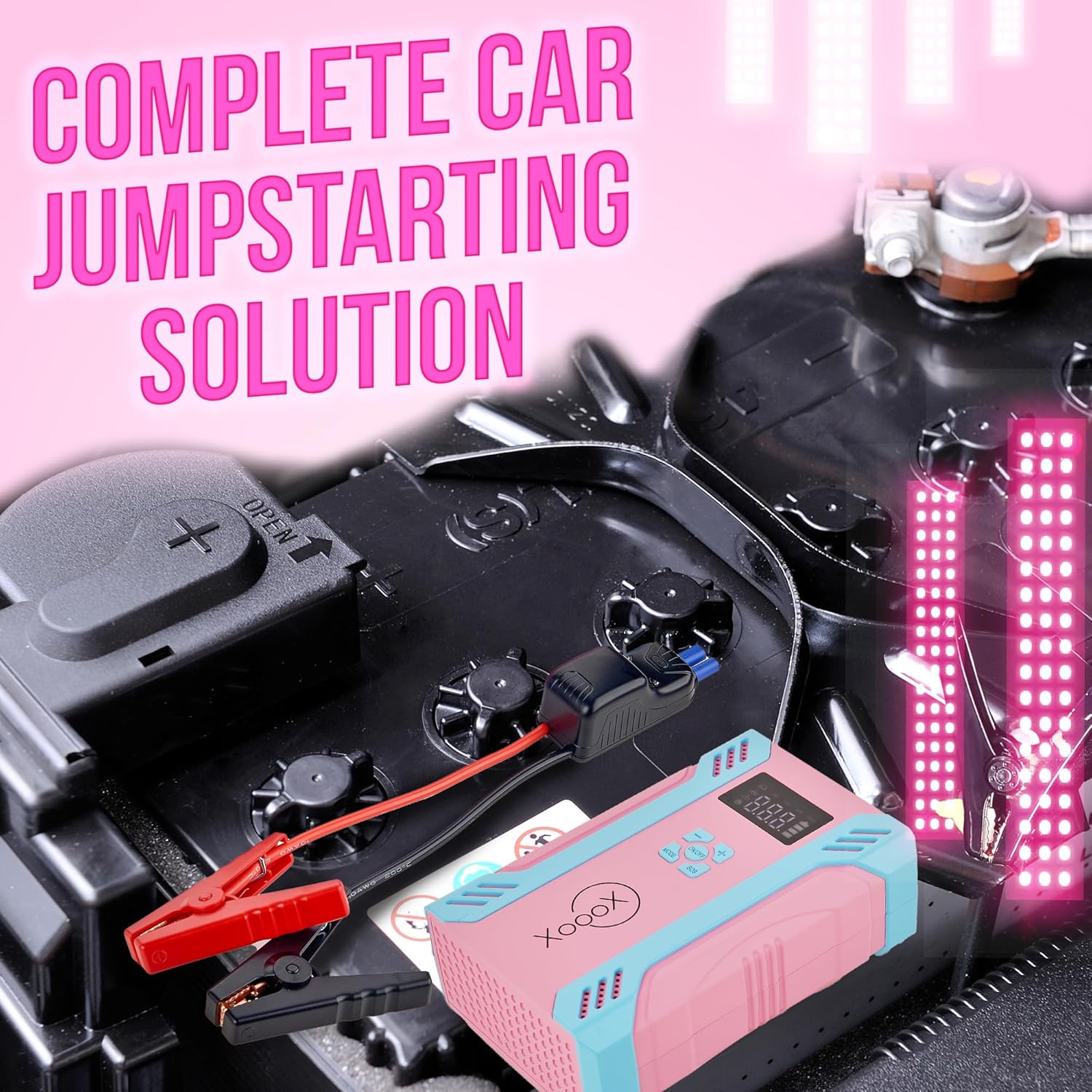 XoooX A17 Portable Car Battery Jump Starter Kit with Built-in Air Compressor; Jumper Cables with 12V Jump Start Battery Pack; Portable Battery Charger for USB/USB-C Devices; LED Light and Hard Case