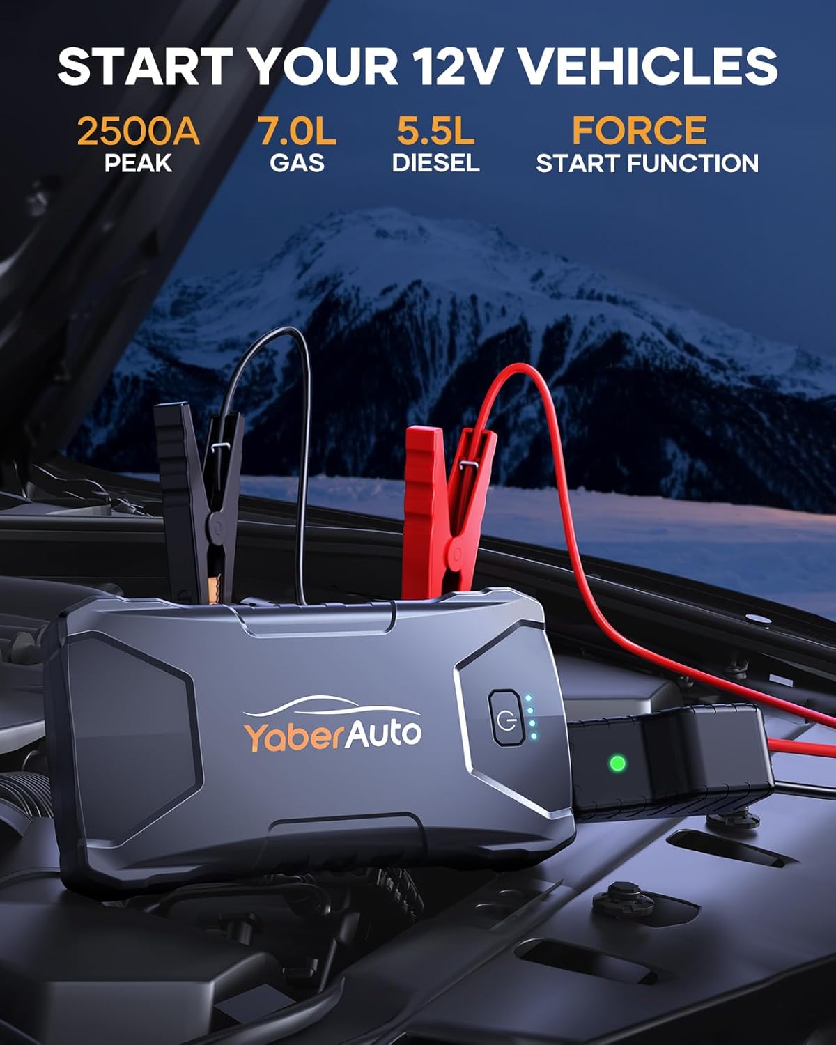 YaberAuto 3000A Car Battery Jump Starter (7.0L Gas/5.5L Diesel) Portable Car Jump Starter Battery Pack, 12V Car Battery Jumper Starter with Safety Jumper Cables, Fast Charge, Lights, Compact