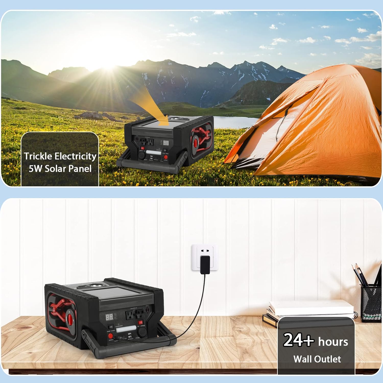 ZD-529 Solar Portable Power Station 2000 Amps Jump Starter, 260 PSI Air Compressor, 12V Car Battery Charger with 400W Inverter Dual AC/DC/USB Output, Emergency Backup Power with Flashlights