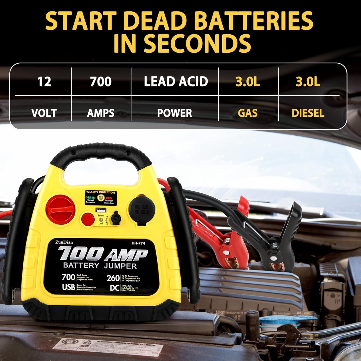 ZD-529 Solar Portable Power Station 2000 Amps Jump Starter, 260 PSI Air Compressor, 12V Car Battery Charger with 400W Inverter Dual AC/DC/USB Output, Emergency Backup Power with Flashlights