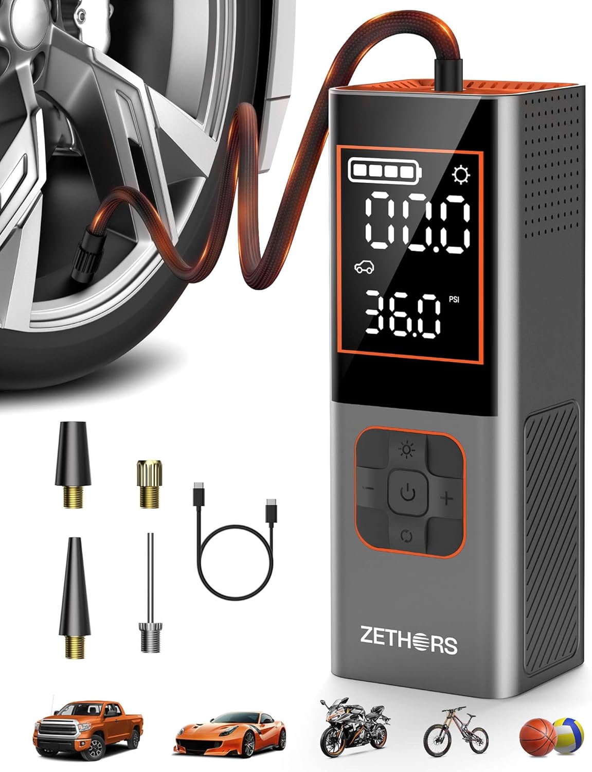 Zethors Portable Air pump for Car Tire inflator Portable Air Compressor 160PSI with Digital Pressure Gauge,3X Fast Electric Smart Pump for Car,Truck,Motorcycle,Bike,Ball,10400mAh Battery Rechargeable