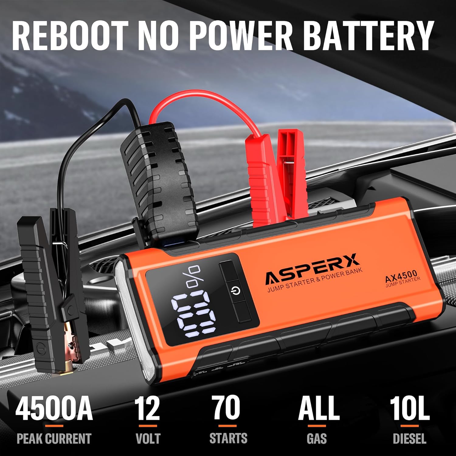 ASPERX AX2500 Car Jump Starter, 2500A Peak Battery Starter for 10L Gas or 7.3L Diesel Engines, 12V Auto Battery Booster, Lithium Jump Box with USB QC3.0, Jump Pack with Built-in LED Light