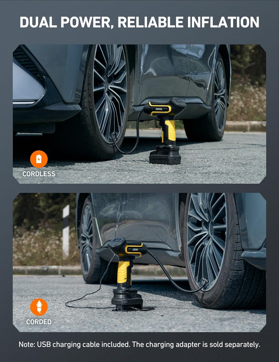 AstroAI Tire Inflator Air Compressor Cordless Car Tire Pump with 20V Rechargeable Li-ion Battery 150 PSI Portable Handheld Air Pump with 12V Car Power Adapter for Motorcycles LS40791（C1） Light Yellow
