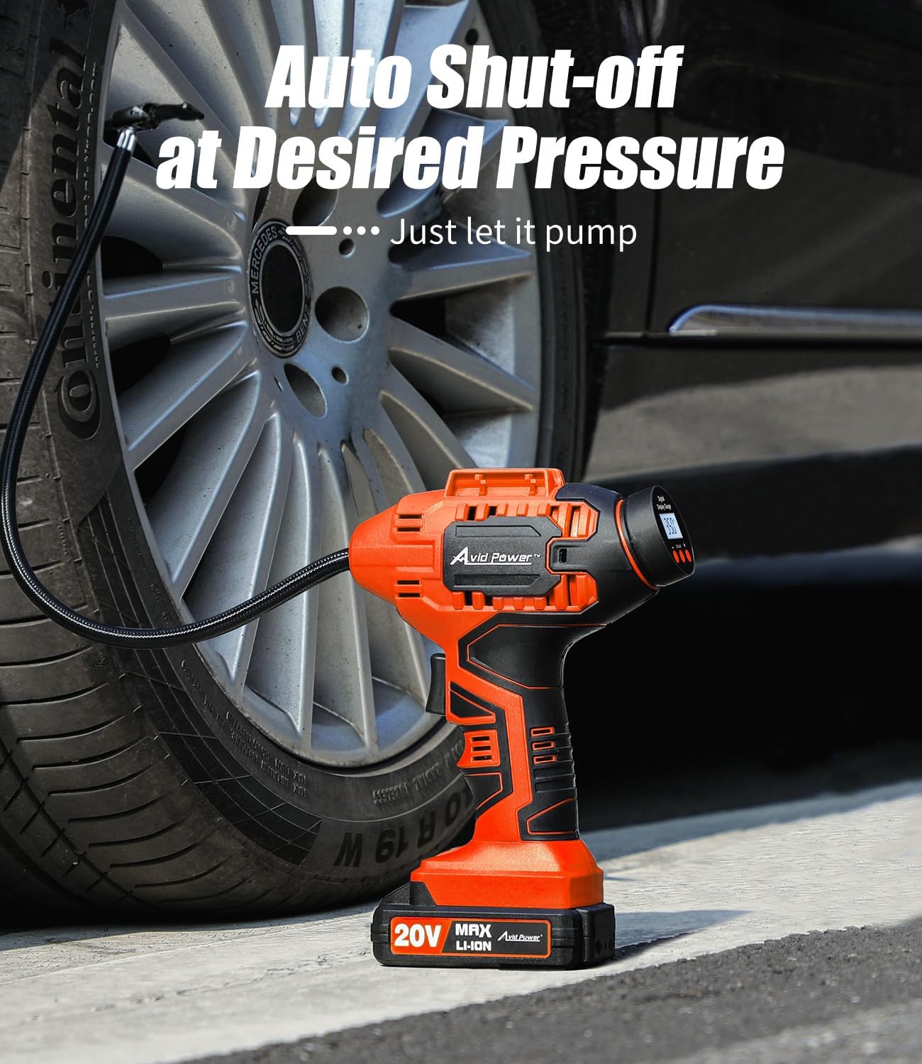 Avid Power Cordless Tire Inflator Portable Air Compressor, 20V Rechargeable Battery Tire Pump w/ 12V DC Power Adapter, Digital Pressure Gauge, Auto Air Pump for Many Inflatables (Blue)