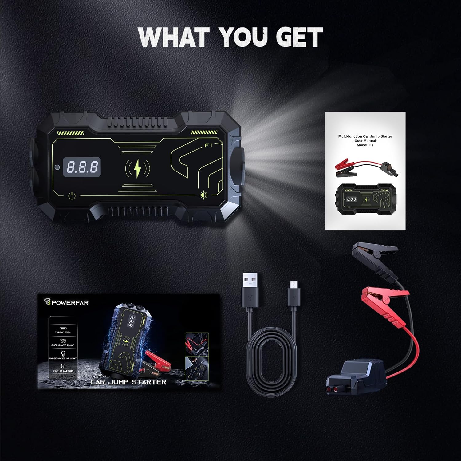 Battery Jumper Starter Portable with Wireless Charging,800-1500A Car Battery Jump Starter(8.0L Gas/6.0L Diesel),12v Jumper Cables with Battery Pack,Jump Box for Car Battery USB/180°Flashlight