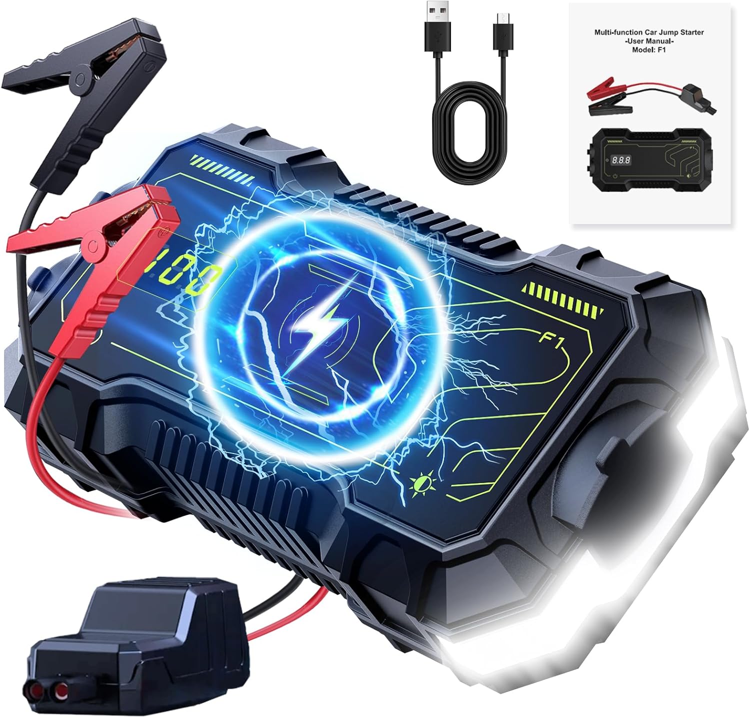 Battery Jumper Starter Portable with Wireless Charging,800-1500A Car Battery Jump Starter(8.0L Gas/6.0L Diesel),12v Jumper Cables with Battery Pack,Jump Box for Car Battery USB/180°Flashlight