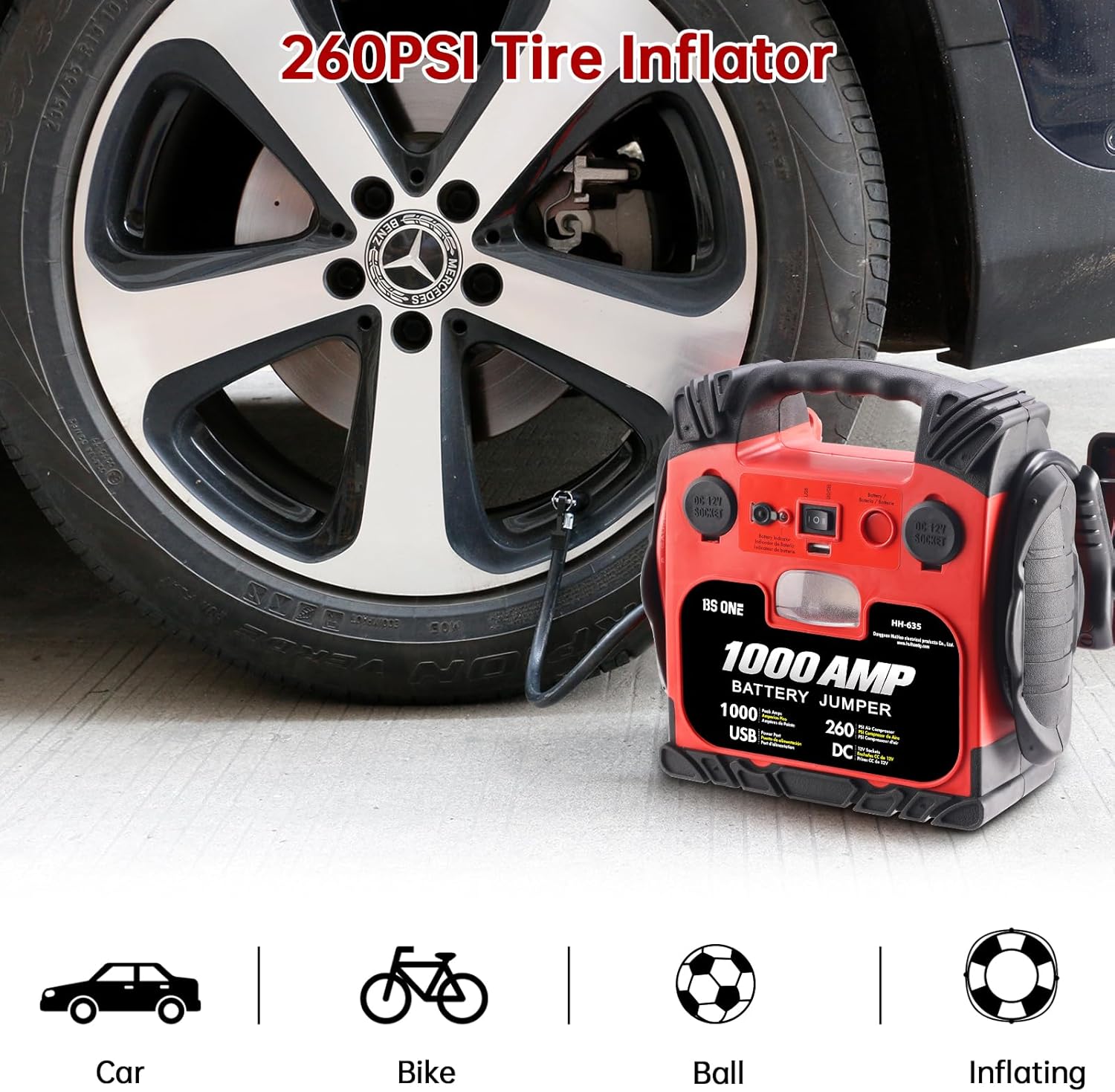BS ONE 1000 Amp Peak Current Car Jump Stater, 12V Lead Acid Battey Jump Box with 260PSI Air Compressor, Jump Starter Battery Pack with Led Light  USB Output