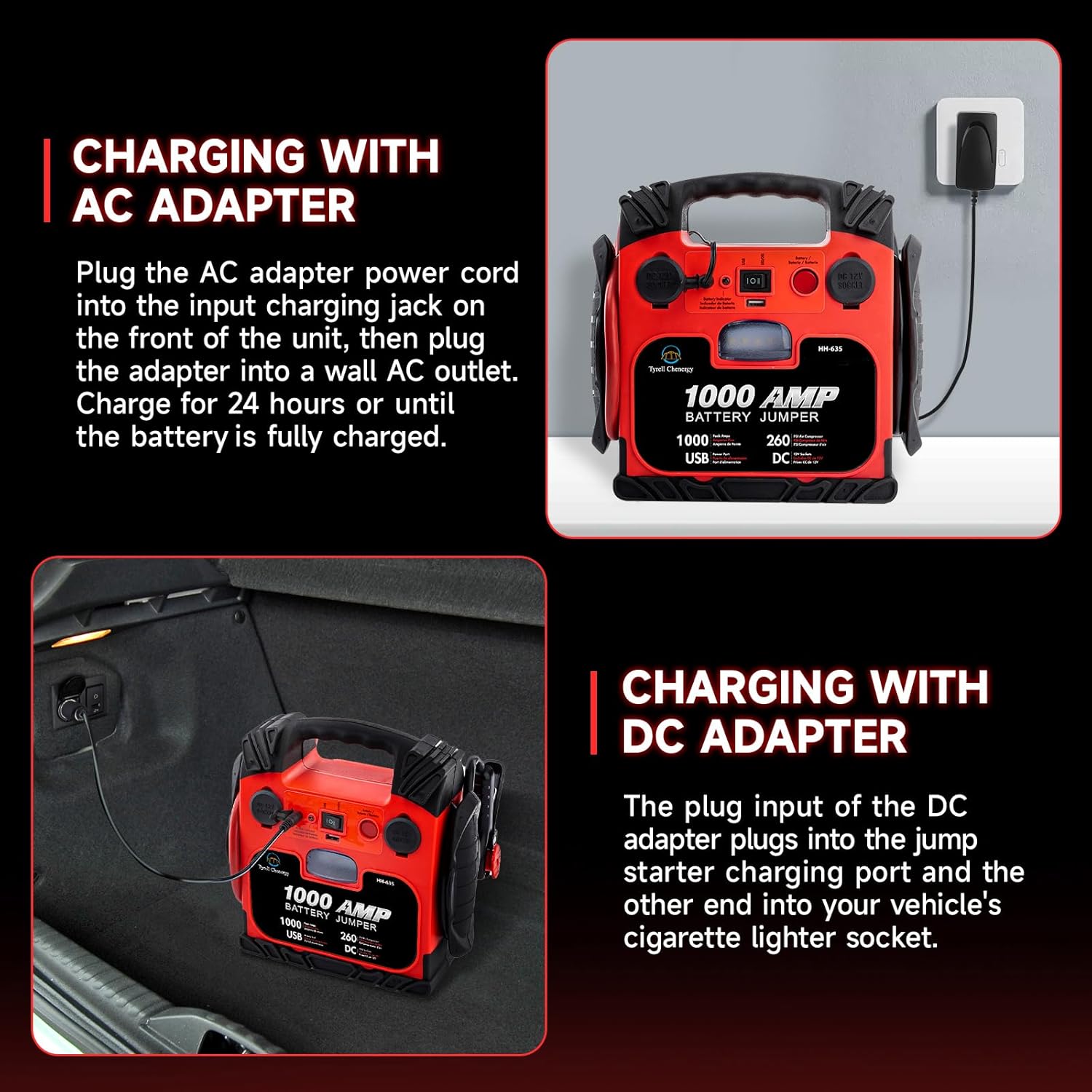 Car Battery Jump Starter with Air Compressor Portable Tire Inflator,1800 Peak Amp Portable Power Station Jump Starter（HH715+HH635）