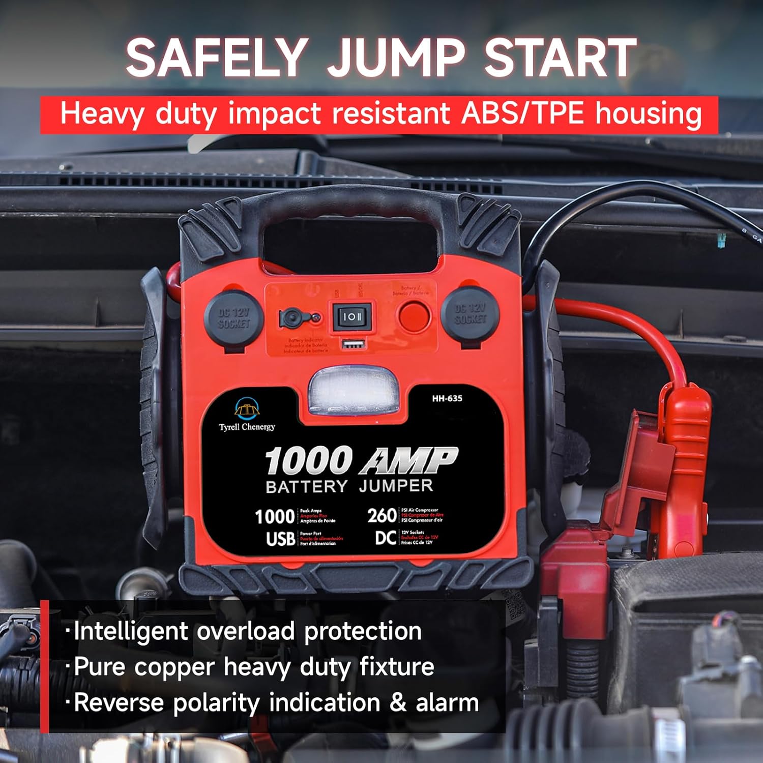 Car Battery Jump Starter with Air Compressor Portable Tire Inflator,260PSI Battery Booster Jumper Box（HH635+HH744）