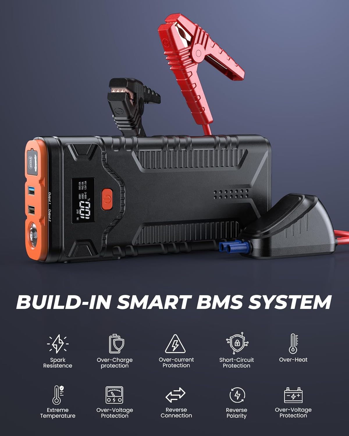 Car Jump Starter, 2500A Jump Starter Battery Pack for Up to 10.0L Gas/8.0L Diesel Engines, 59Wh Portable 12V Jump Box with Fast Charge USB Ports, LCD Display, Storage Case and LED Light