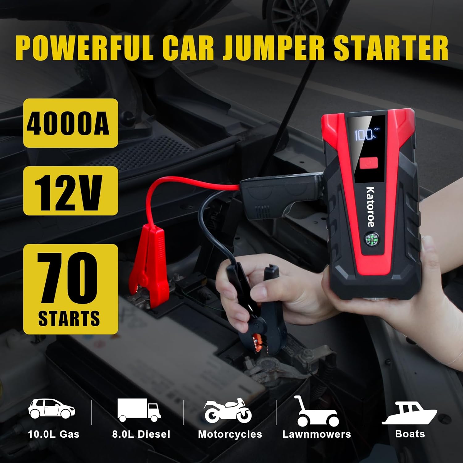 Car Jump Starter with Air Compressor, 4500A 150 PSI Portable Jump Starter Battery Pack (10.0L Gas/8.0L Diesel), 12V Jump Box Car Battery Jump Starter with 80 Starts, QC 3.0, Large Display, Flashlight