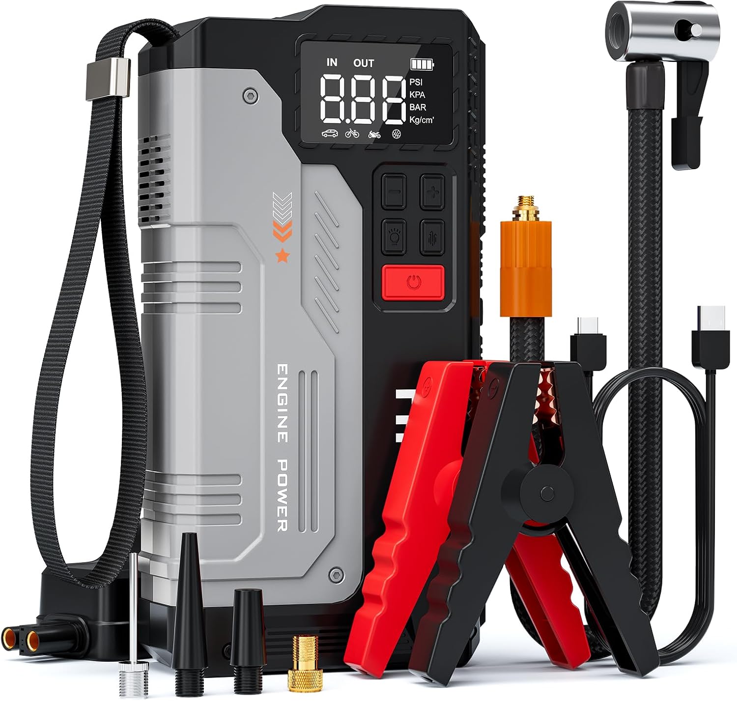Car Jump Starter with Air Compressor, 5000A Portable Jump Starter Battery Pack with 150PSI Tire Inflator for Up to 10.0L Gas and 8.0L Diesel Engines, 12V Jump Starter Box with LCD Display