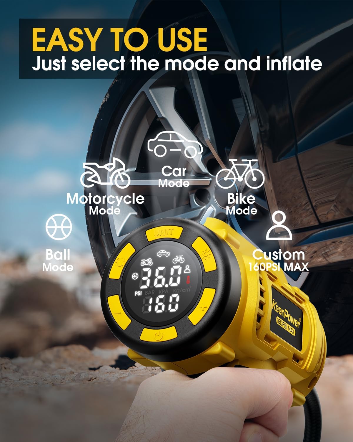 Cordless Tire Inflator Portable Air Compressor, 160PSI 3X Faster Car Tire Pump, 21V Rechargeable Battery Powered Air Compressor, Larger  Clear HD Digital Pressure Gauge w/4+N Smart Modes
