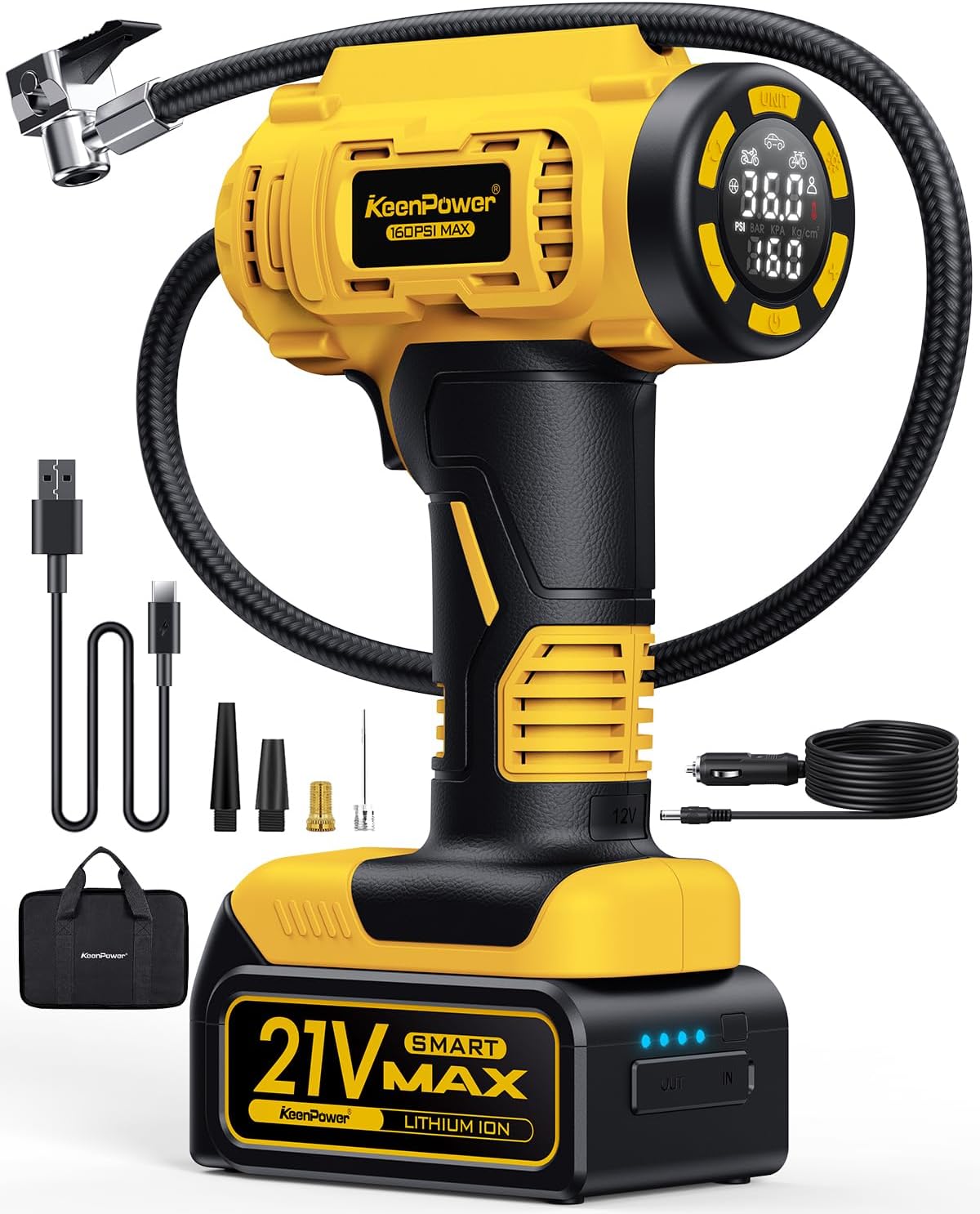 Cordless Tire Inflator Portable Air Compressor, 160PSI 3X Faster Car Tire Pump, 21V Rechargeable Battery Powered Air Compressor, Larger  Clear HD Digital Pressure Gauge w/4+N Smart Modes