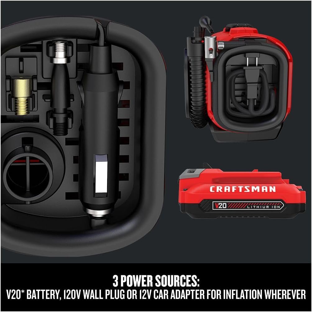 CRAFTSMAN V20 Tire Inflator, Portable Air Compressor, 3 Modes: Cordless, 120V Corded, and 12V Car Adapter, Air Pump, Battery Sold Separately (CMCE520B)