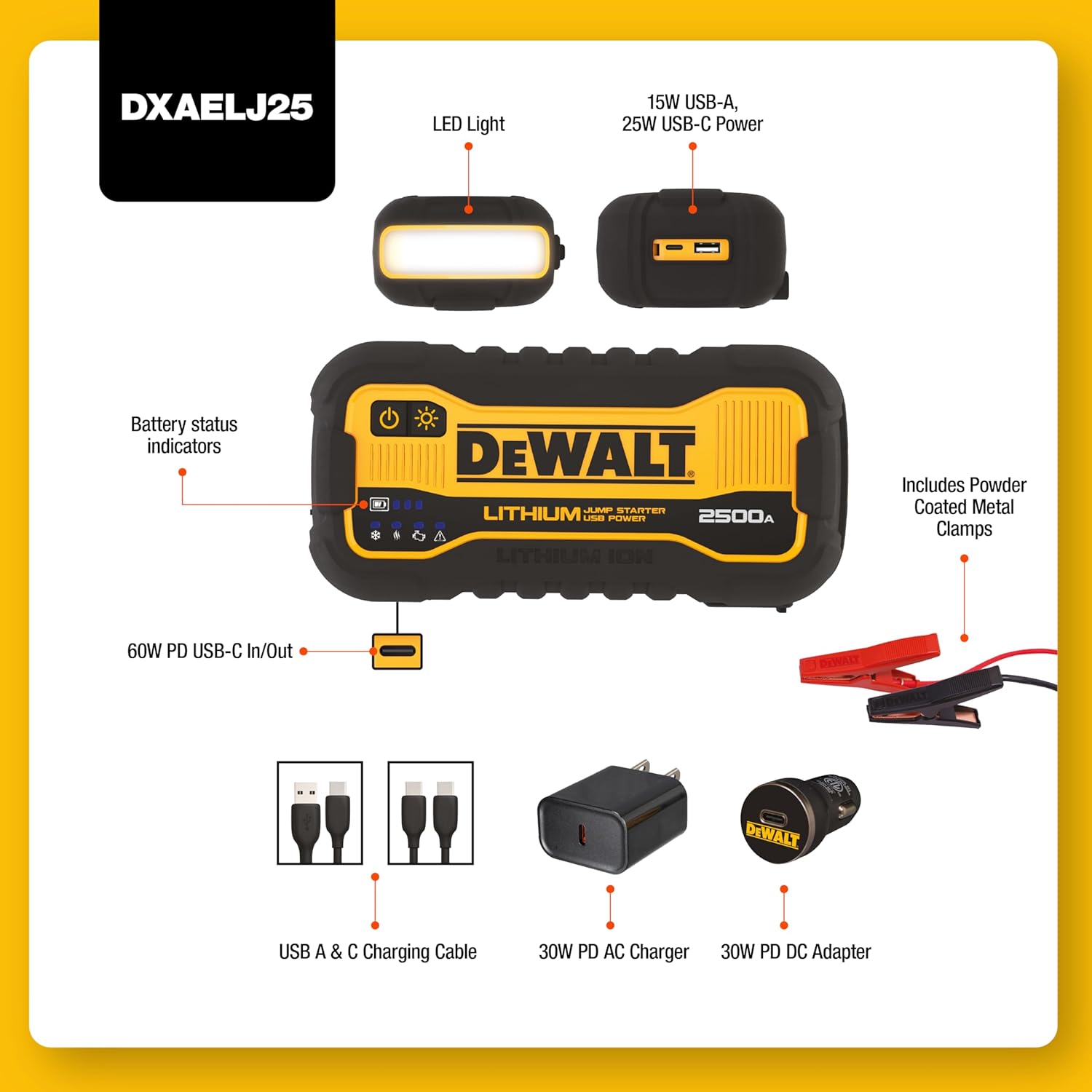 DEWALT DXAELJ25 2500 Peak Amp Portable Lithium Jump Starter. Cat Battery Booster Pack, 25W Type C, 15W Type A, 60W Type C in/Out Powerbank Charger, Includes Jumper Cables, for 12V Batteries