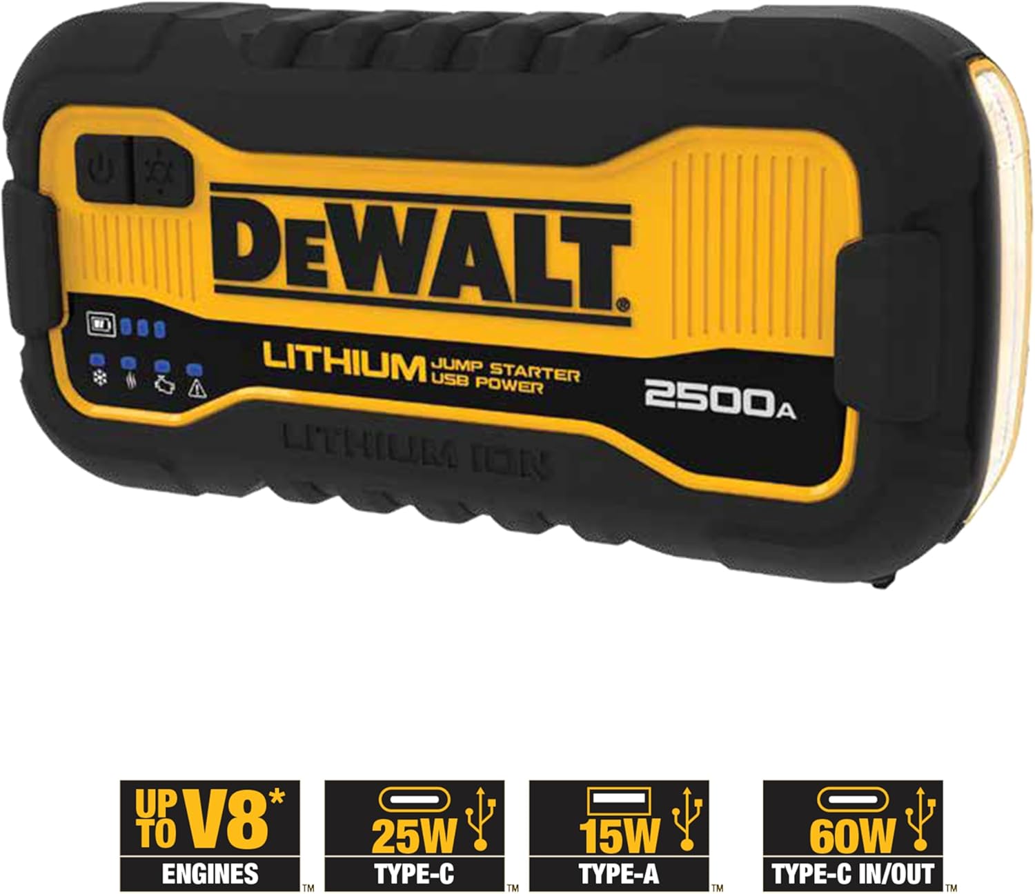 DEWALT DXAELJ25 2500 Peak Amp Portable Lithium Jump Starter. Cat Battery Booster Pack, 25W Type C, 15W Type A, 60W Type C in/Out Powerbank Charger, Includes Jumper Cables, for 12V Batteries