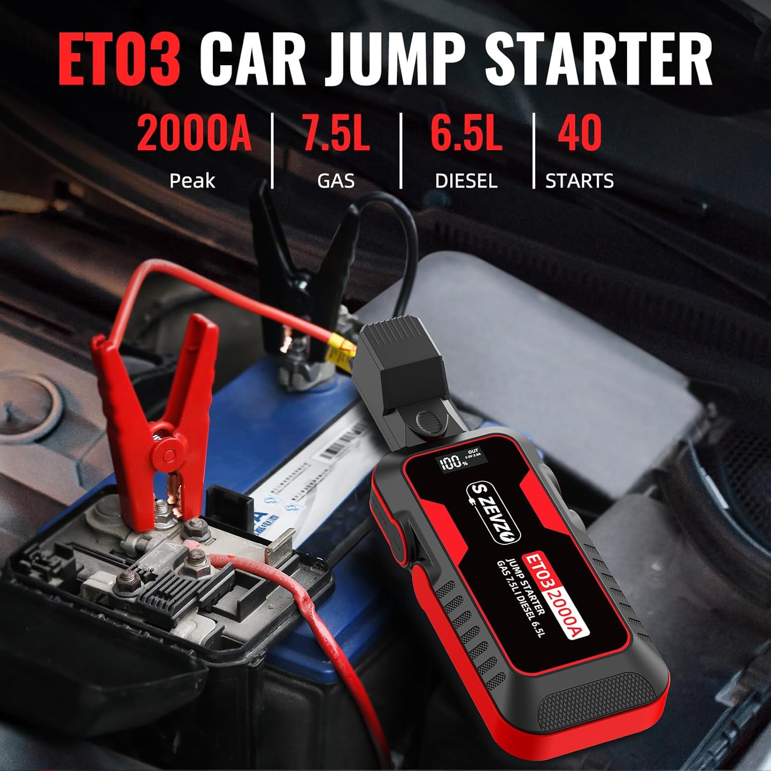 ET03 Car Jump Starter 2000A Jump Starter Battery Pack for Up to 7.5L Gas and 6.5L Diesel Engines, 59.2Wh Portable 12V Jump Box with USB Ports, LCD Display, Storage Case, and LED Light