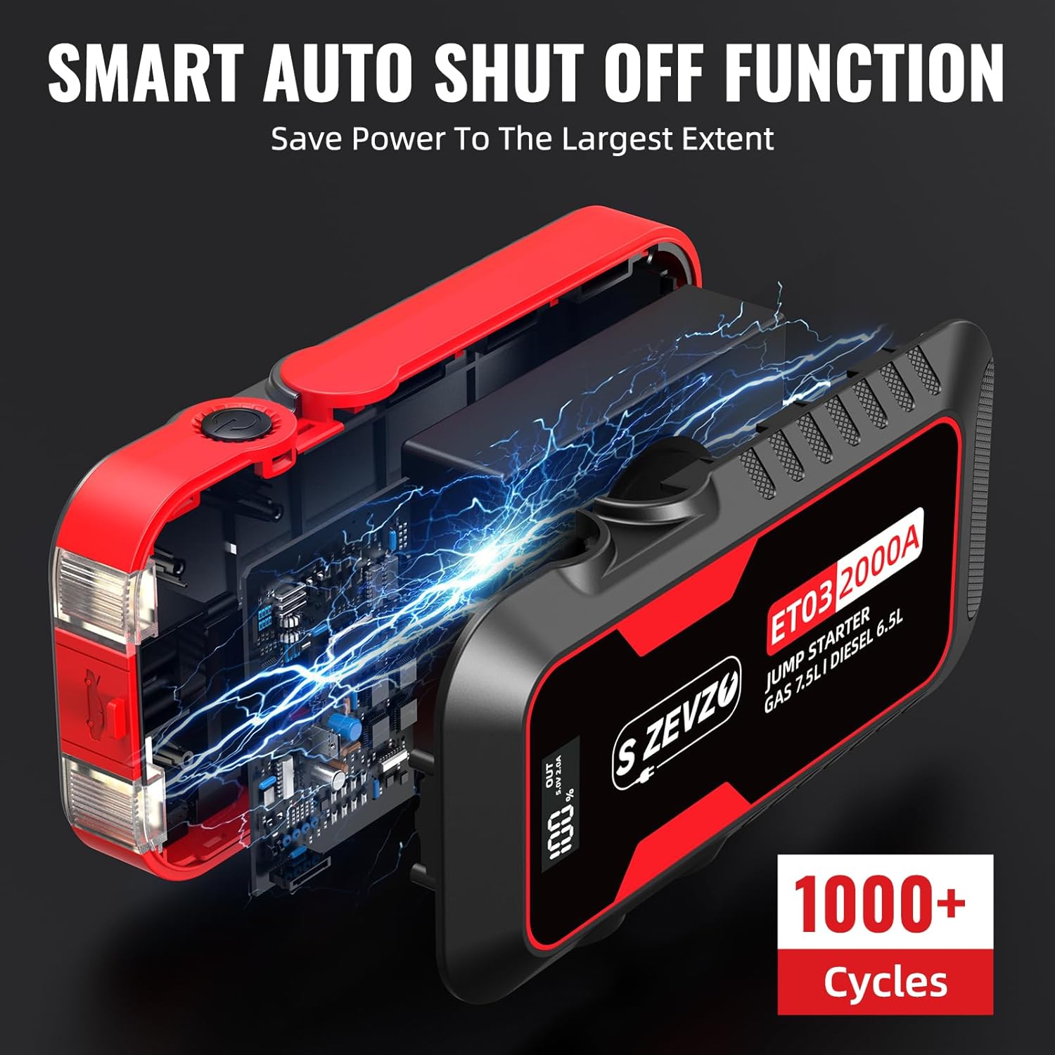 ET03 Car Jump Starter 2000A Jump Starter Battery Pack for Up to 7.5L Gas and 6.5L Diesel Engines, 59.2Wh Portable 12V Jump Box with USB Ports, LCD Display, Storage Case, and LED Light