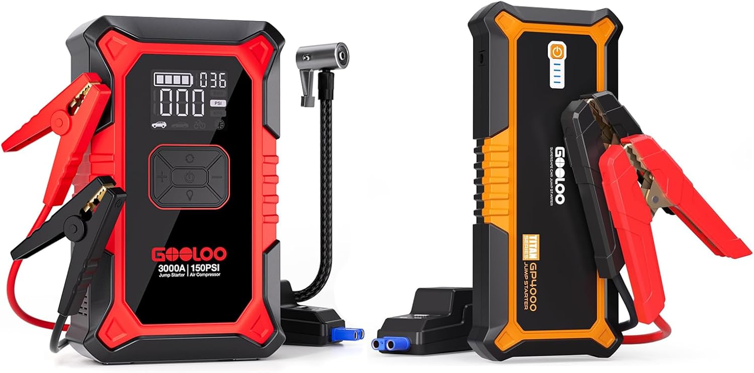 GOOLOO 4000A Peak Car Jump Starter  A3 Jump Starter with Air Compressor, 3000A Portable Car Battery Booster (9.0 Gas/6.5L Diesel) with 150PSI Auto-Shutoff Tire Inflator