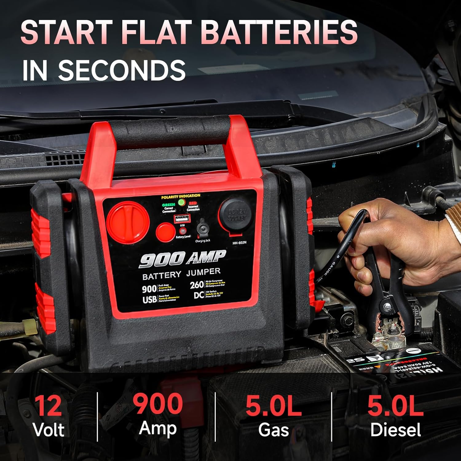 HH602 Jump Starter 1000Peak Portable Car Jump Starter + HH625Car Jump Starter with Air Compressor, 260PSI 1000A Car Battery Jump Starter Battery Pack