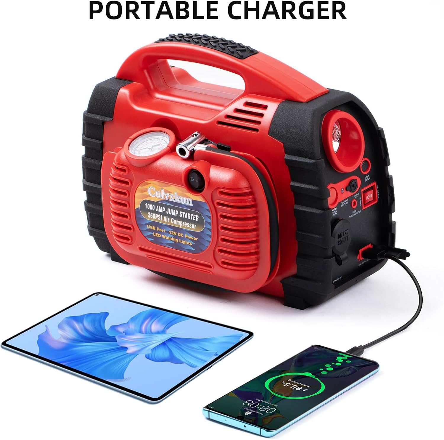 HH602 Jump Starter 1000Peak Portable Car Jump Starter + HH625Car Jump Starter with Air Compressor, 260PSI 1000A Car Battery Jump Starter Battery Pack