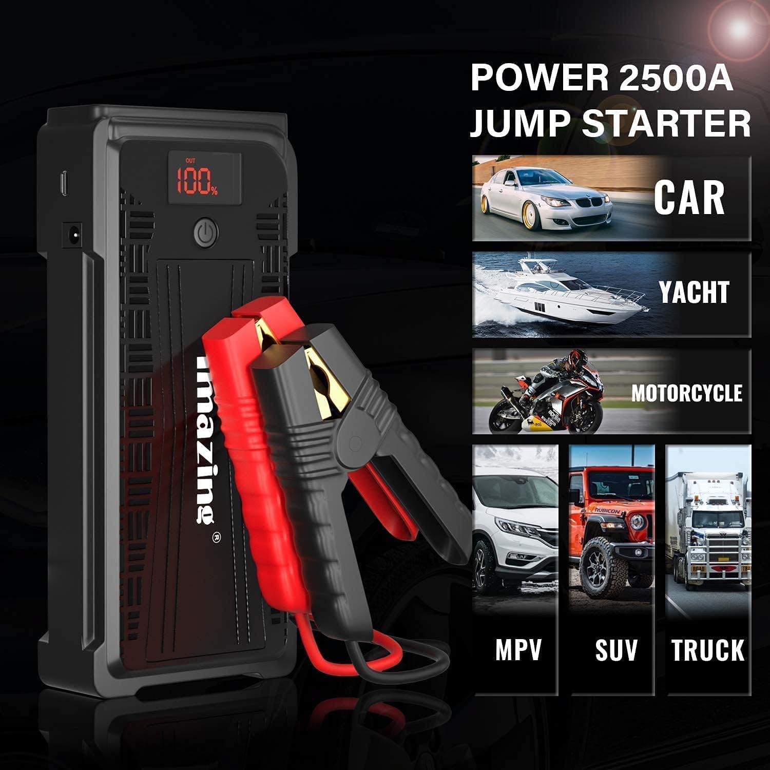 Imazing Portable Car Jump Starter - 2500A Peak 20000mAH (Up to 8L Gas or 8L Diesel Engine) 12V Auto Battery Booster Portable Power Pack with LCD Display Jumper Cables, QC 3.0 and LED Light