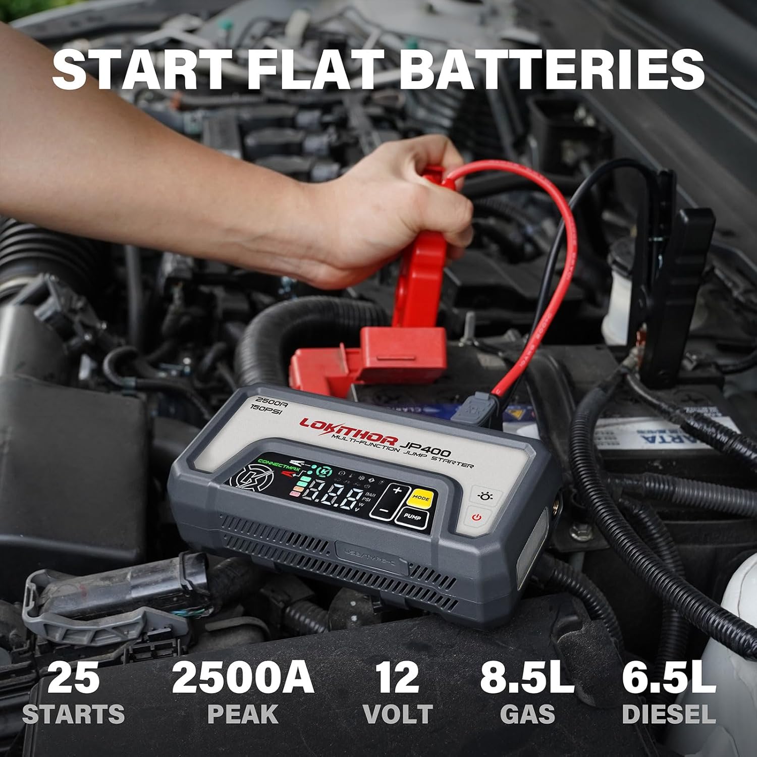 JP400 Jump Starter with Air Compressor, 2500A 12V Car Battery Jumper Starter Portable (8.5L Gas/6.5L Diesel) with ConnectMax Tech, 150PSI Tire Inflator, Auto-Shutoff  Dynamic Dwell
