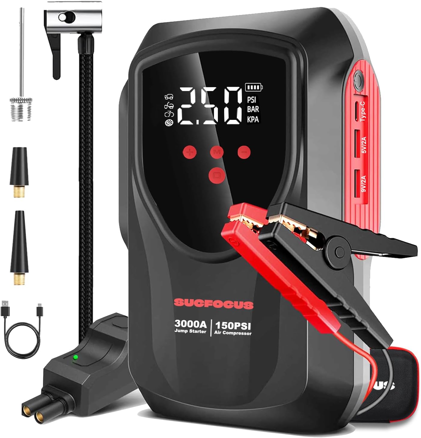 Jump Starter with Air Compressor, 3000A 150PSI Portable Car Battery Jumper Starter (9.0L Gas/8L Diesel), 12V Battery Charger Booster Box Car with LCD Display, LED Light, USB QC3.0