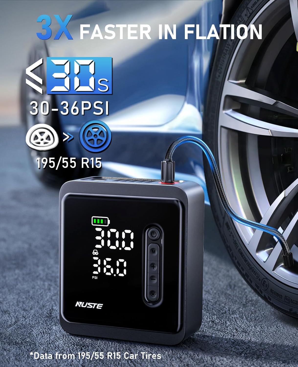 NUSTE Portable Tire Inflator Air Compressor, 150PSI Cordless Air Pump for Car Tires, 3X Faster Battery  12V DC Dual Power Tire Inlfator with Pressure Gauge, Auto Pump for Bicycle, Ball  More