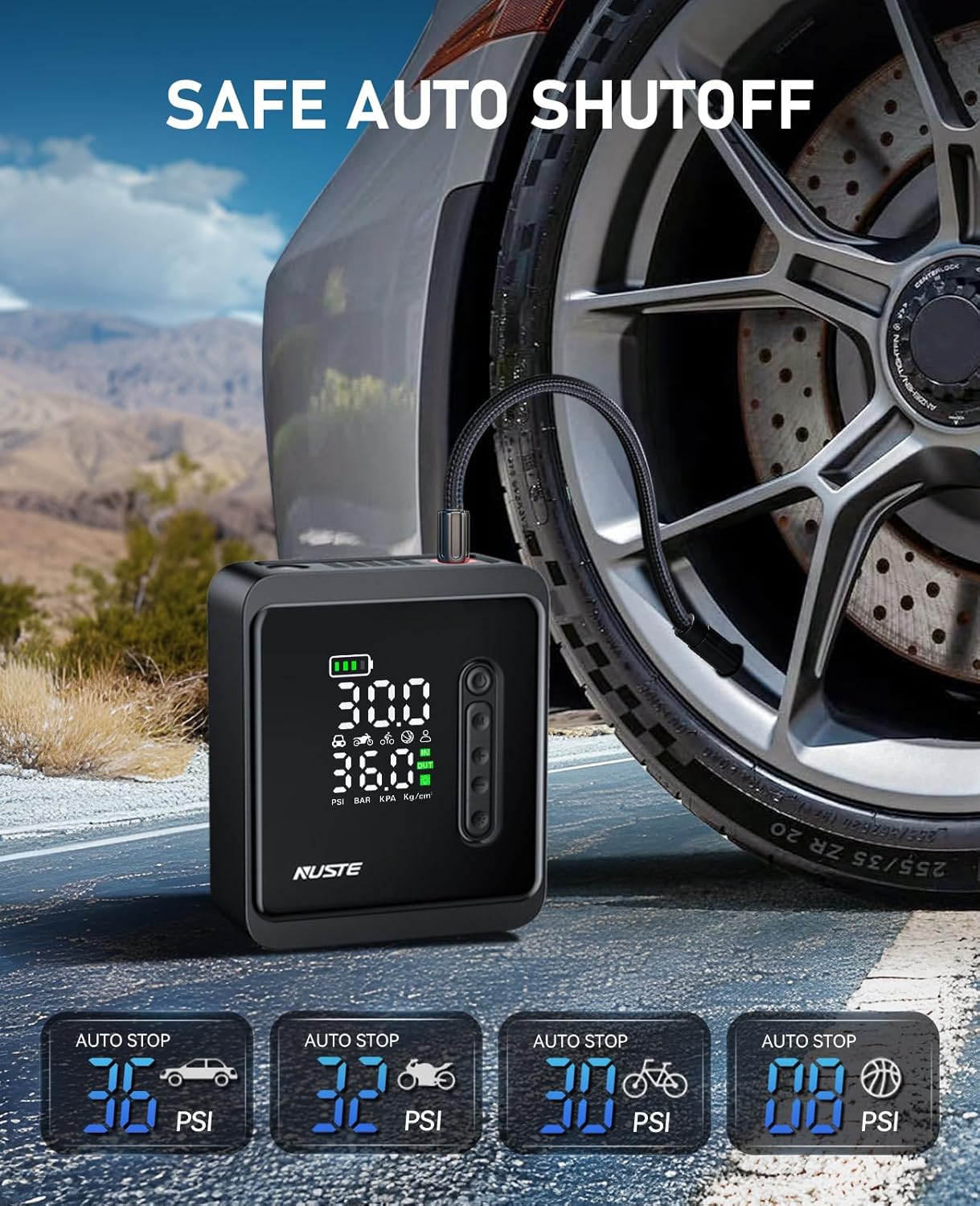 NUSTE Portable Tire Inflator Air Compressor, 150PSI Cordless Air Pump for Car Tires, 3X Faster Battery  12V DC Dual Power Tire Inlfator with Pressure Gauge, Auto Pump for Bicycle, Ball  More