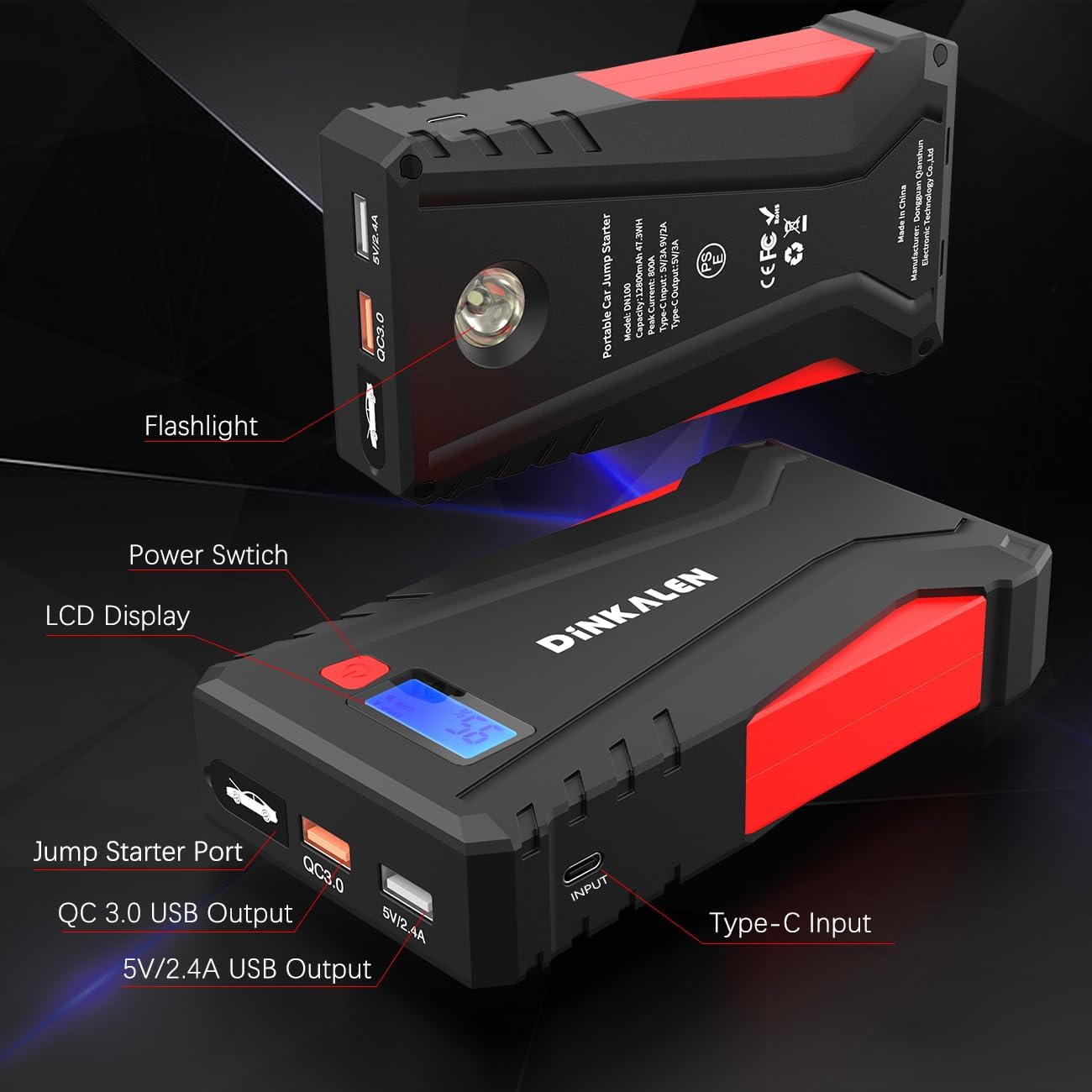 Portable Car Battery Charger Jump Starter,12V Battery Booster Pack(7.0L Gas and 6.0L Diesel Engine),DINKALEN Jumper Cable Box with LED ScreenLED Light, Dual USB Quick Charge (Red)